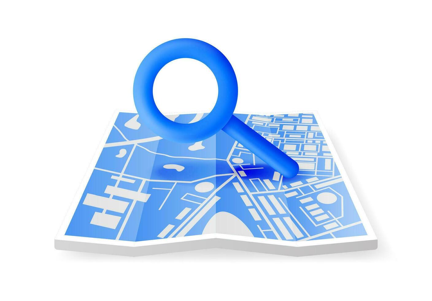 3D Location Folded Paper Map with Magnifying Glass Isolated. Blue GPS Map and Search Loupe Icon. GPS and Navigation Symbol. Element for Map, Social Media, Mobile Apps. Realistic Vector Illustration