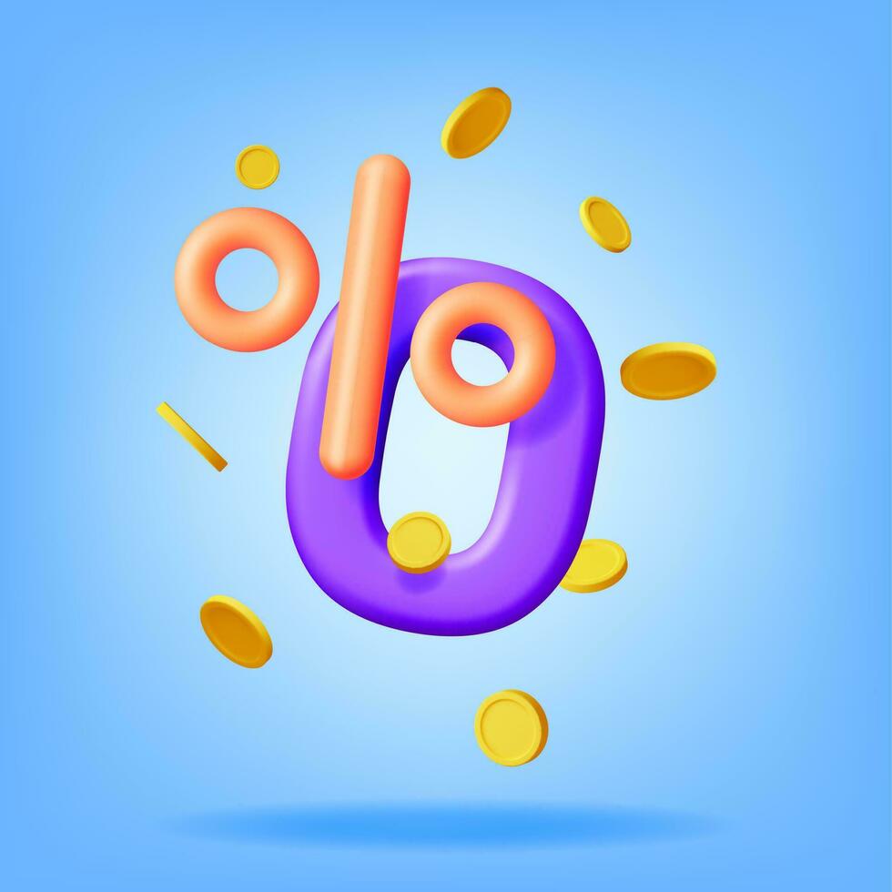 3D Realistic Zero Percent Sign Icon with Coins. Render Money, Finance or Business Concept. Percentage, Sale, Discount, Promotion and Shopping Symbol. Offer Price Tag, Coupon Bonus. Vector Illustration