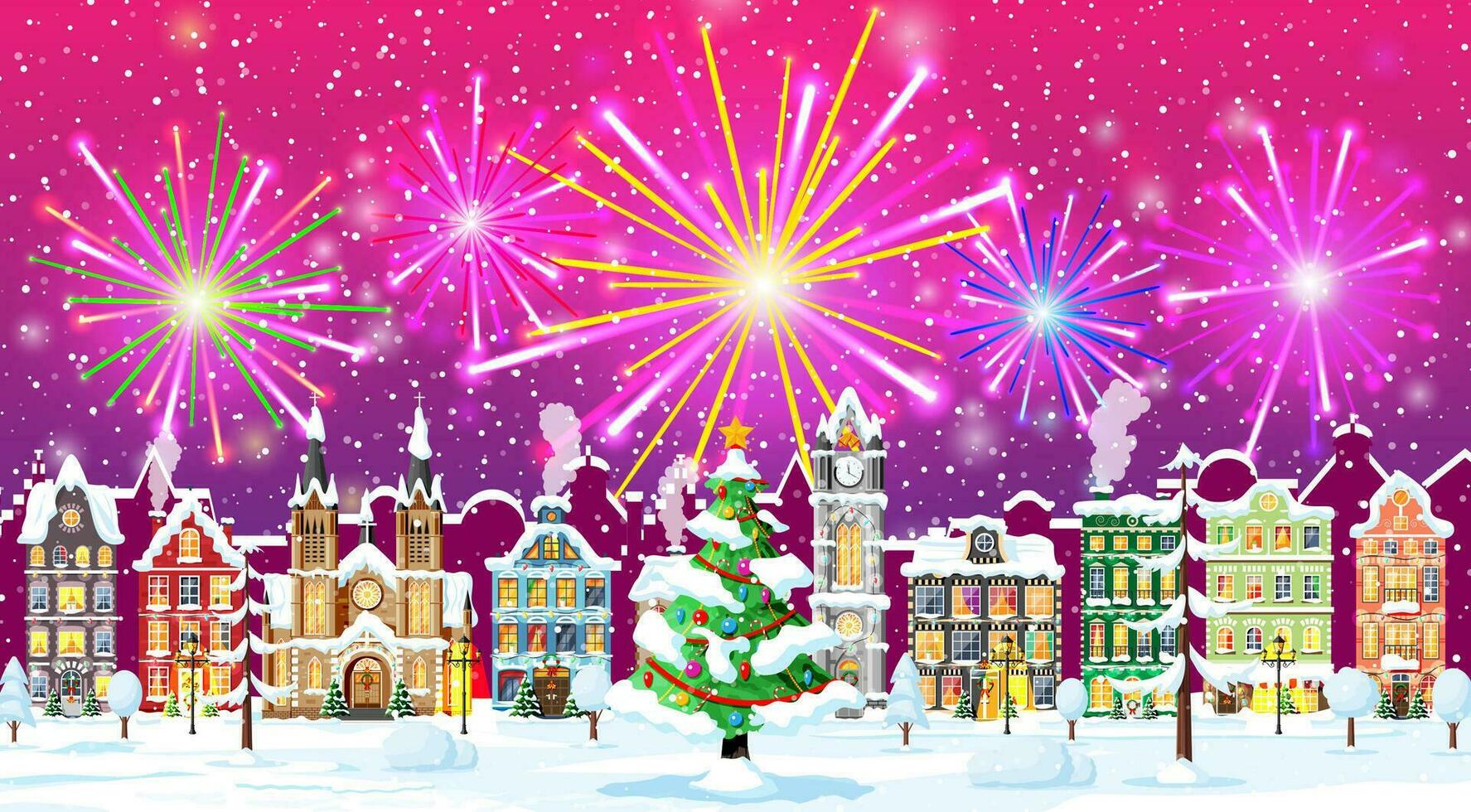 Christmas Card with Urban Landscape and Fireworks. Cityscape with Colorful Houses with Salute in Night. Winter Village Cozy Town City Panorama. New Year Christmas Xmas Banner. Flat Vector Illustration