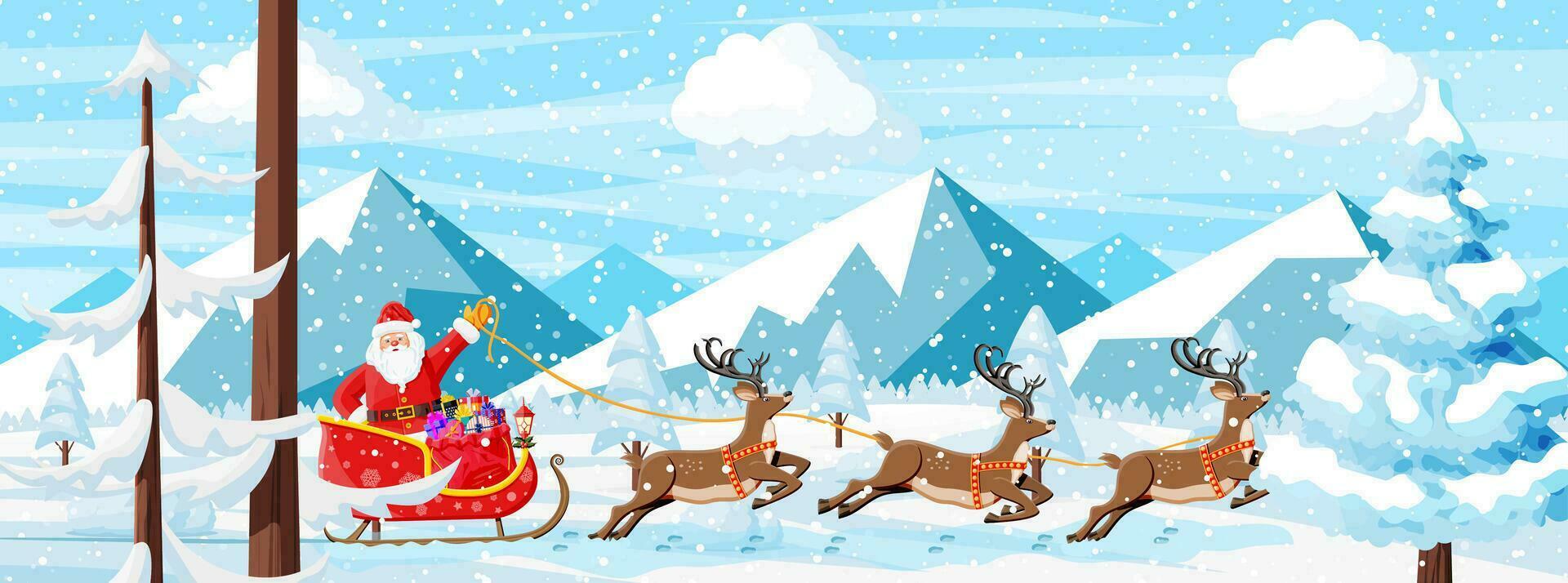 Navidad antecedentes. Papa Noel claus paseos reno trineo. invierno paisaje con abeto arboles bosque montañas y nevando contento nuevo año celebracion. nuevo año Navidad día festivo. vector ilustración plano estilo