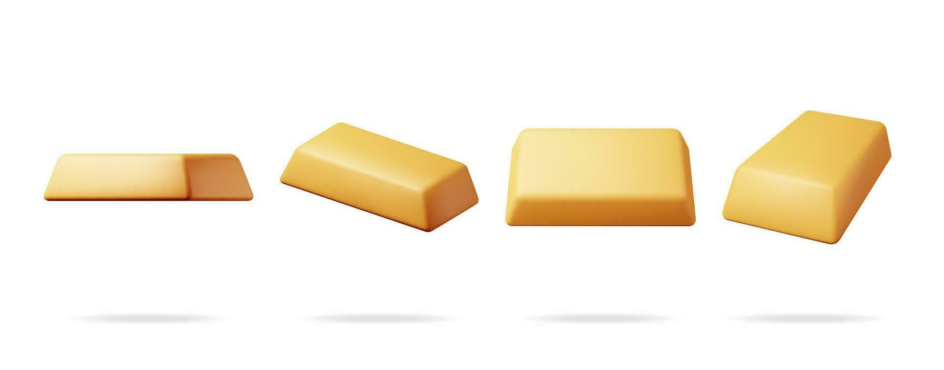 3D Set of Golden Bars Isolated on White. Render Collection of Golden Bricks Solid Money. Concept of Banking or Financial Success. Investment or Commercial Profit Savings. Cartoon Vector Illustration