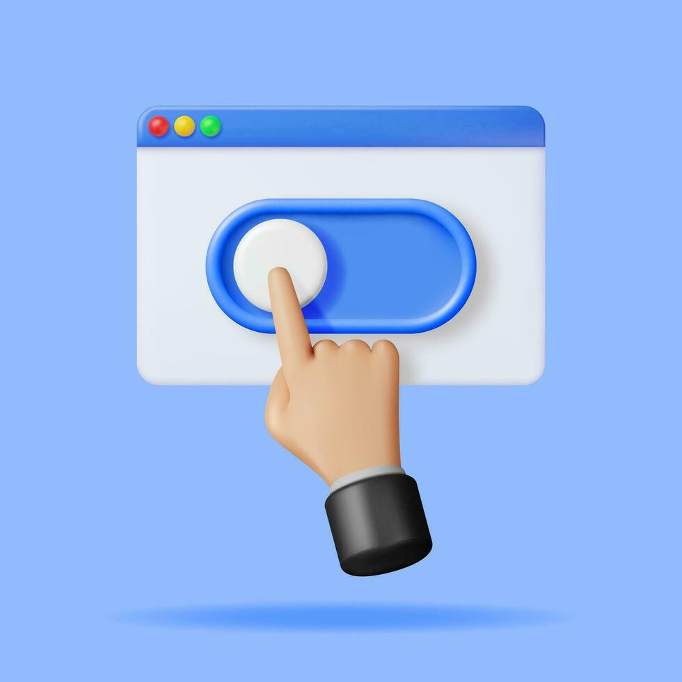 3D Hand and Switch Button in Browser Isolated. Render Hyman hand Index Finger and Button for Various Actions. Web Arrow. Cursor Click Symbol. Corrector, Finding and Direction. Vector Illustration