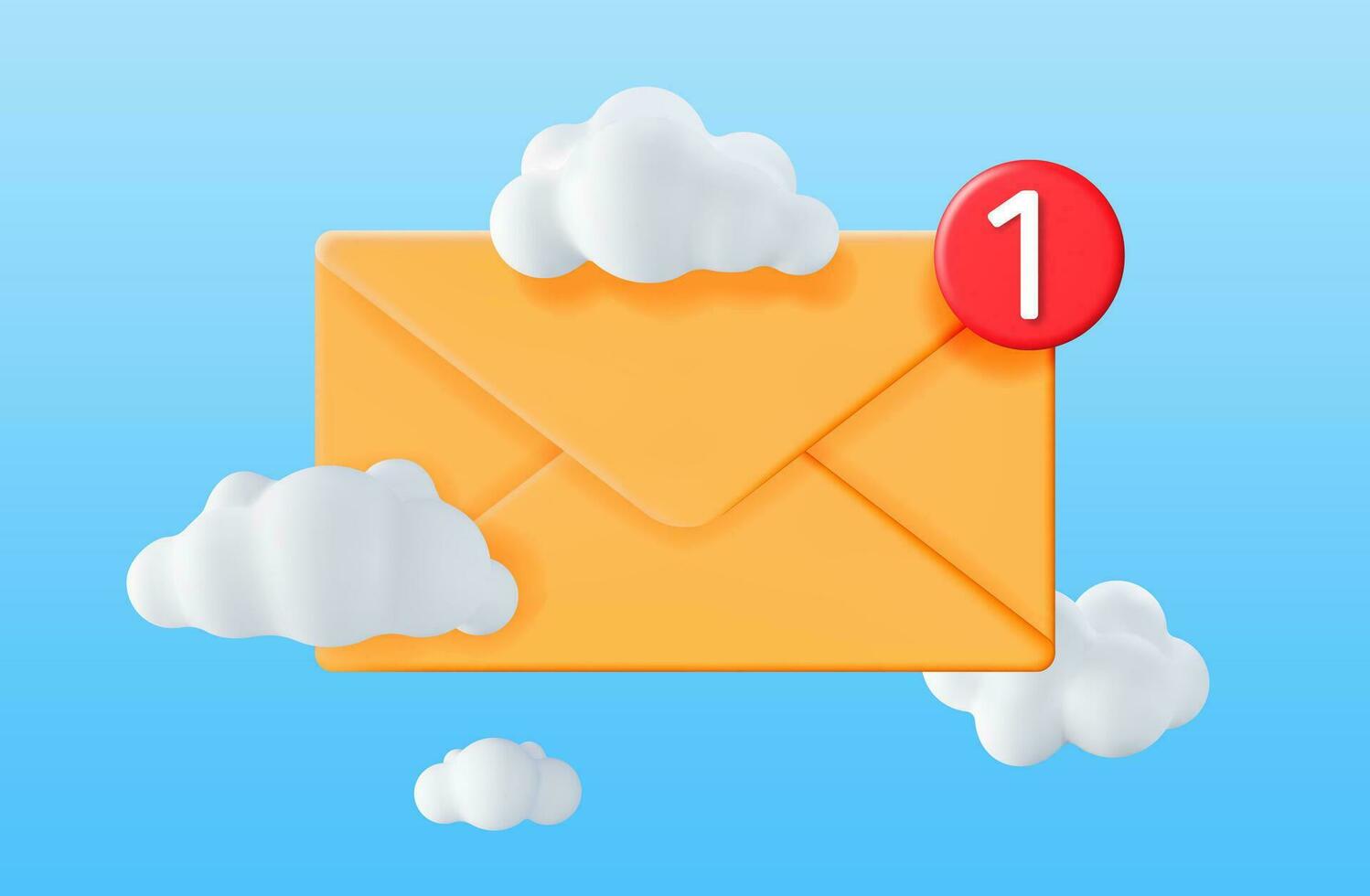 3D Mail Envelope in Clouds with Notification New Message Isolated. Yellow Paper Letter Icon with Notification Red Bubble. New, Unread Email. Message, Contact, Letter and Document. Vector Illustration