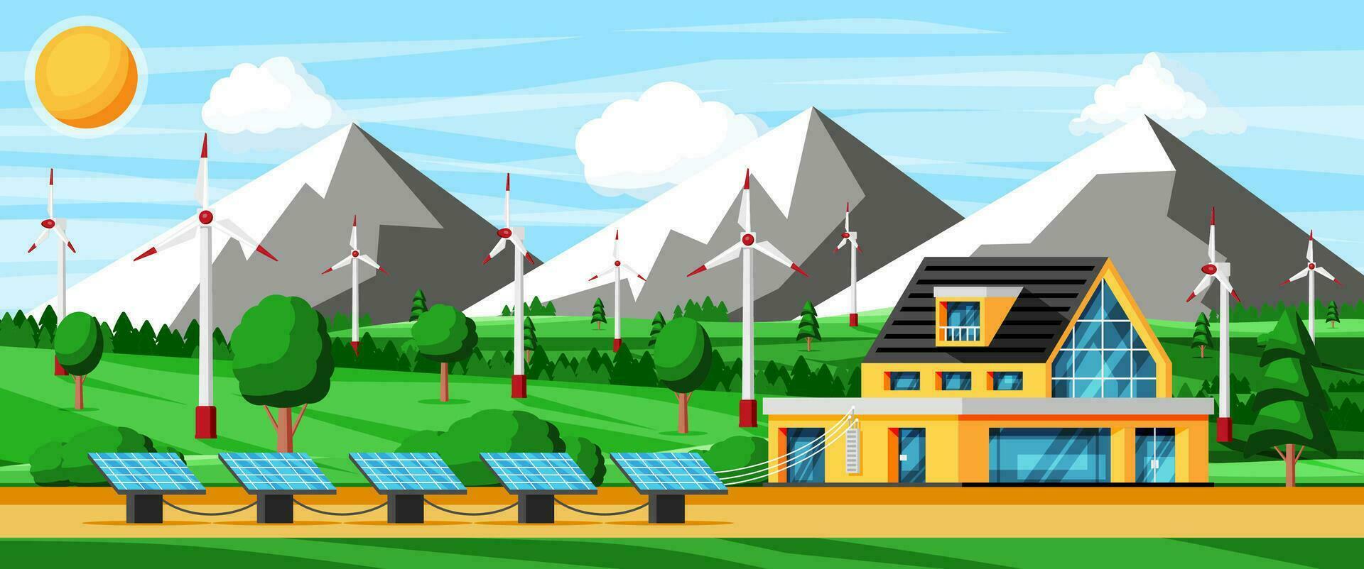 Eco House Concept. Nature Mountain Landscape with Modern Building, Solar Panels, Wind Electrical Generators Turbine. Green Energy Source. Alternative Renewable Energy. Flat Vector Illustration