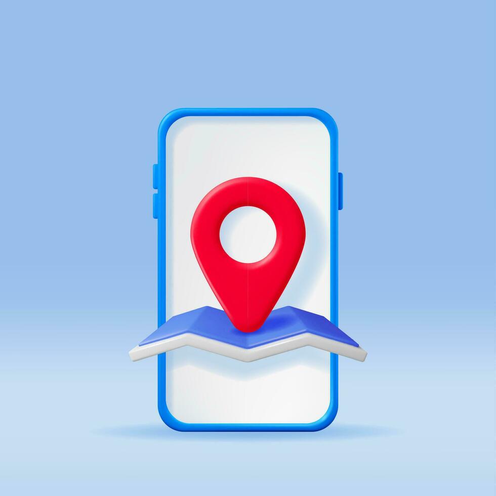 3D Location Map Pin in Smartphone Isolated on White. Blue GPS Pointer Marker Icon. GPS and Navigation Symbol and Phone. Element for Map, Social Media, Mobile Apps. Realistic Vector Illustration