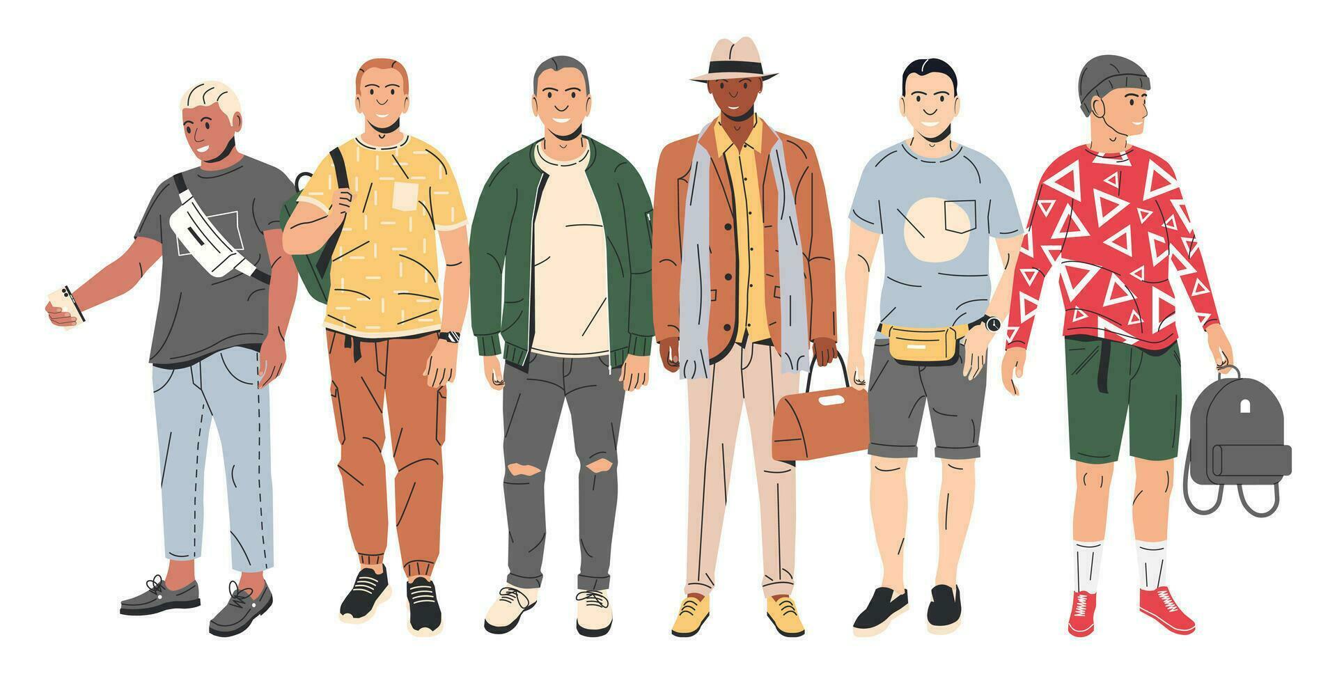 grupo de Moda masculino caracteres. moderno joven hombre en de moda atuendo. los hipsters en pie juntos. chicos con diferente peinados piel y etnias en elegante casual ropa. plano vector ilustración