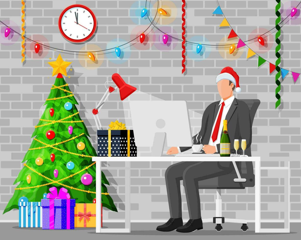 Navidad y nuevo año oficina escritorio espacio de trabajo interior. regalo caja, Navidad árbol, silla, computadora ordenador personal, relojes negocio gente. nuevo año decoración. alegre Navidad Navidad. plano vector ilustración