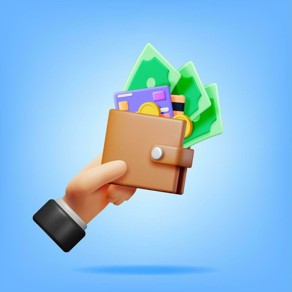 3D Money and Leather Wallet in Hand. Bank Card and Purse. Gold Coins and Dollar Bills. Render Money Bills. Growth, Income, Savings, Investment. Symbol of Wealth. Business Success. Vector illustration.