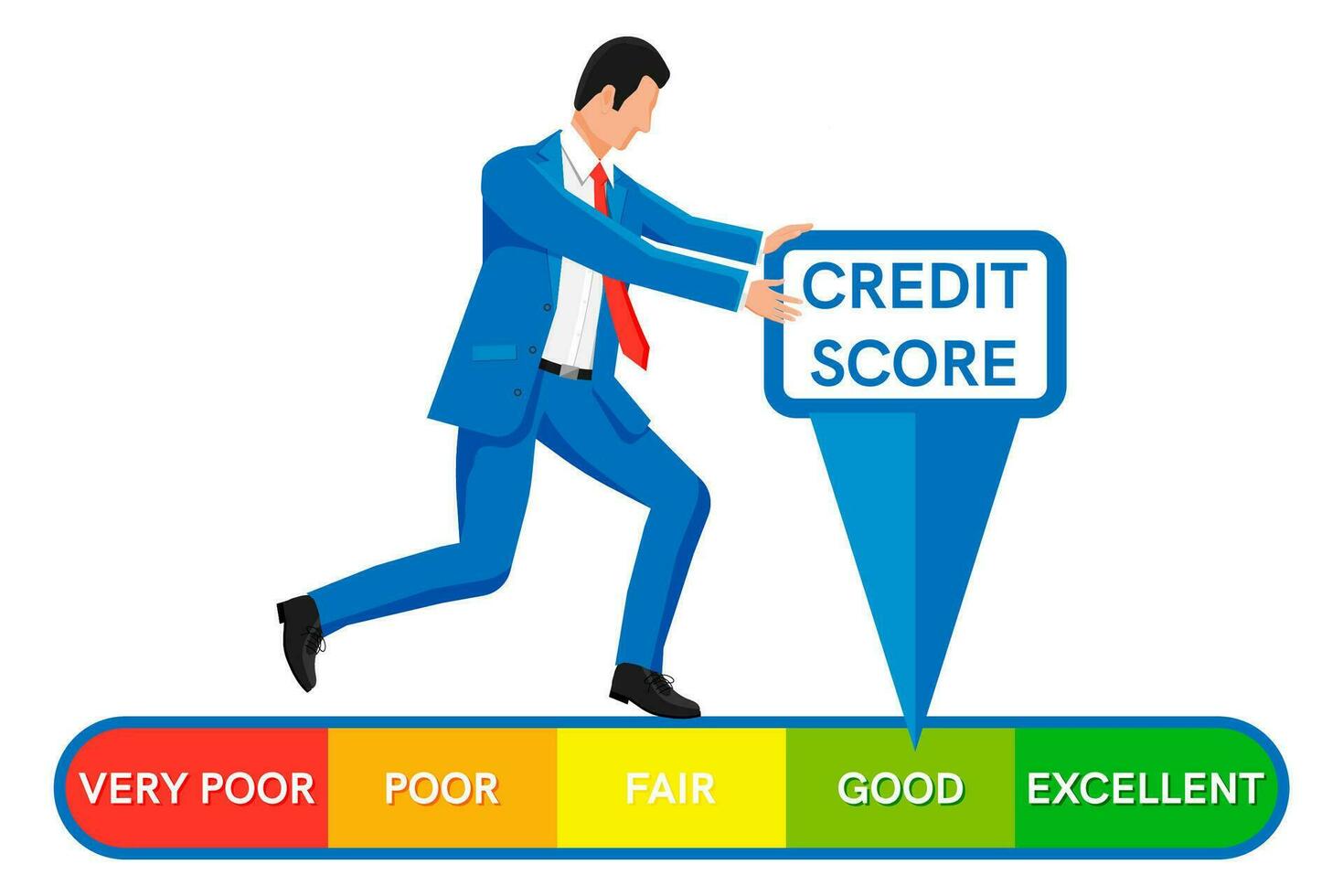 Businessman Changing Personal Credit Information. Man Pushing Arrow to Make Credit History Better. Man Improves his Creditworthiness, Credit Score, Approval Solvency. Flat Vector Illustration