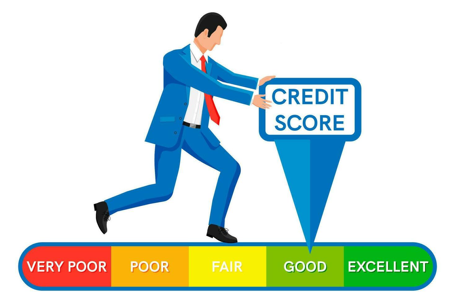 Businessman Changing Personal Credit Information. Man Pushing Arrow to Make Credit History Better. Man Improves his Creditworthiness, Credit Score, Approval Solvency. Flat Vector Illustration