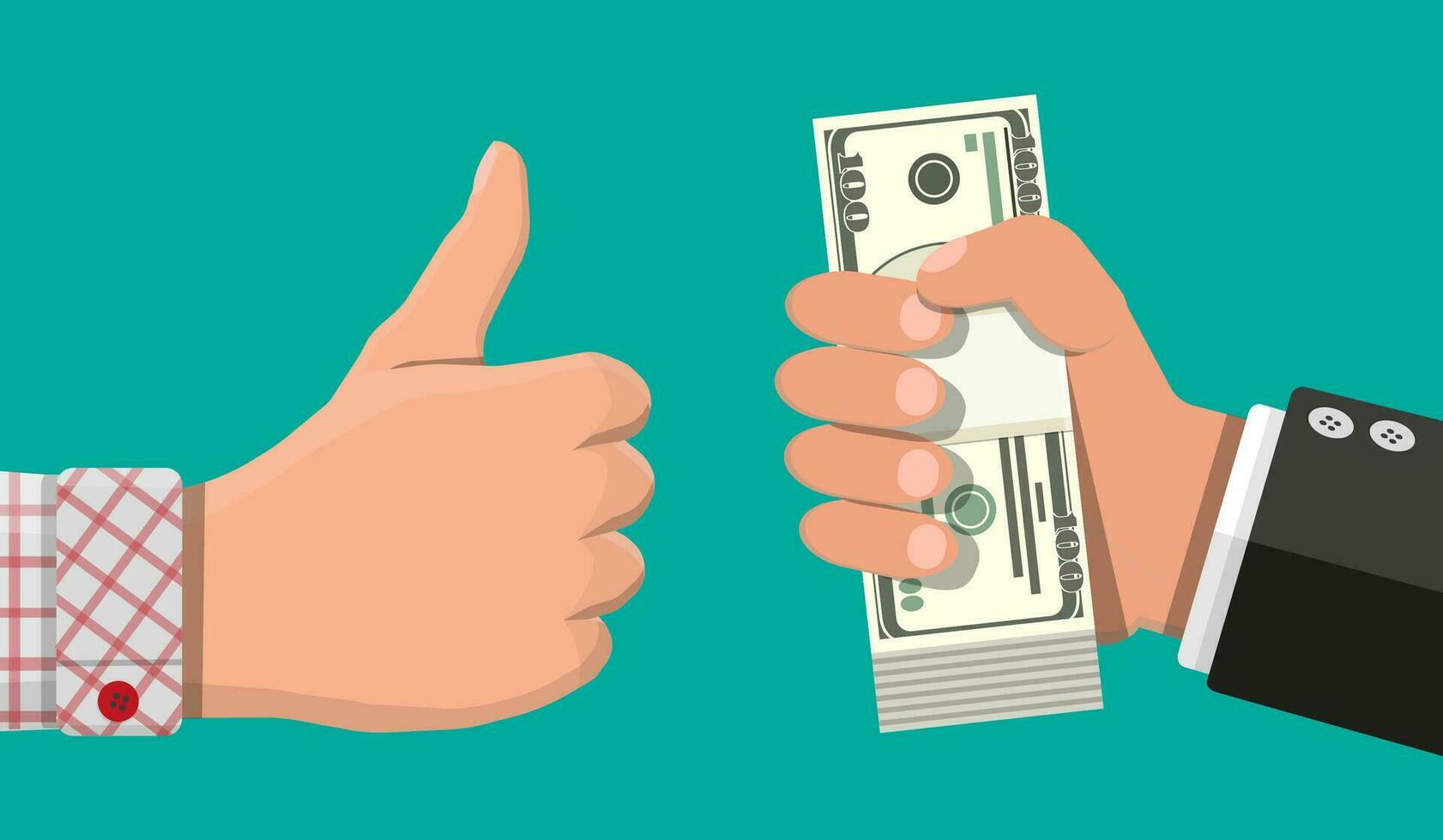 Stack of dollar banknotes in hand and thumb up. Concept of savings, donation, paying. Symbol of wealth. Vector illustration in flat style