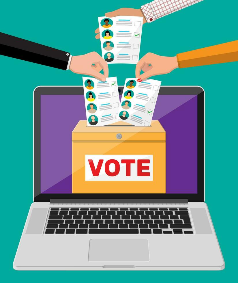 Ballot box, document with candidates on laptop screen. Hand with election bill. Vote paper with faces. Vector illustration in flat style