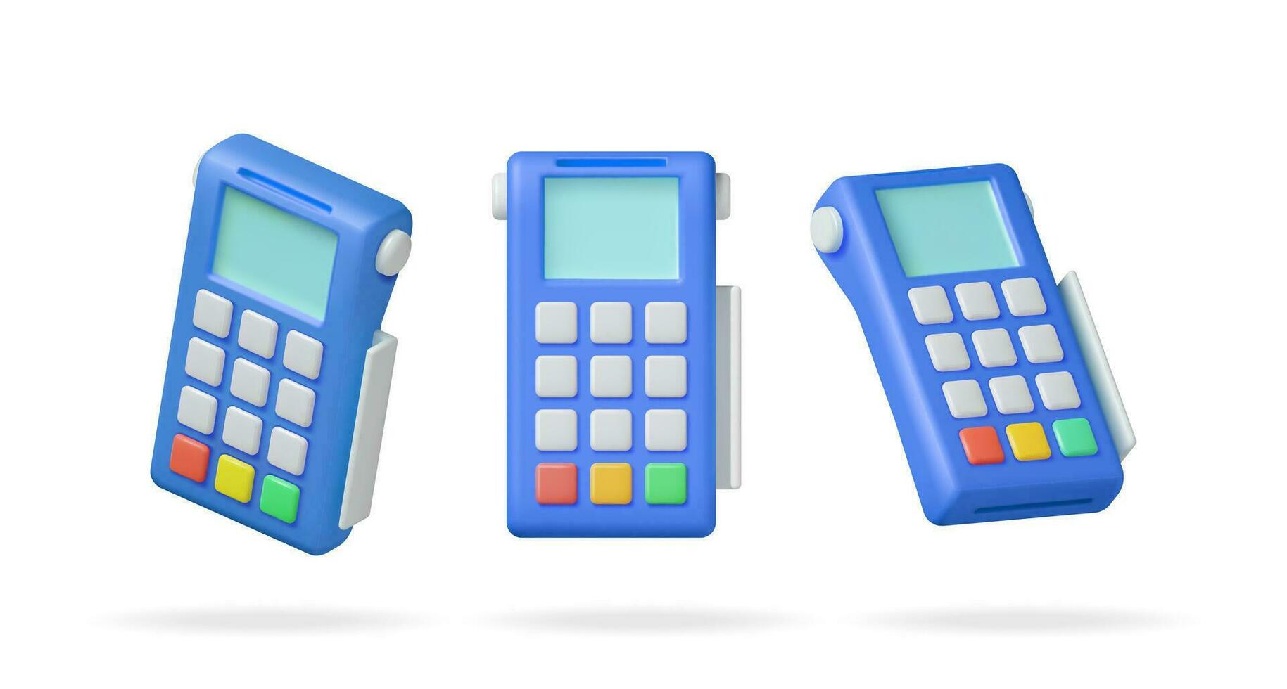 3D Payment Terminal Set Isolated. Render Modern POS Bank Payment Device Various Poses. Payment NFC Keypad Machine. Credit Debit Card Reader. Contactless Payment Transaction Vector illustration