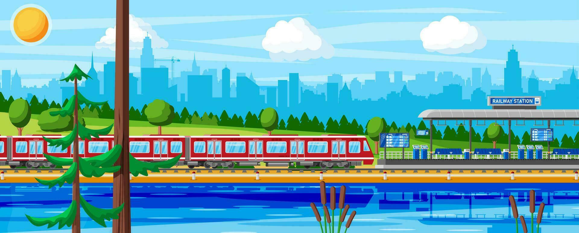 Modern Railway Station with High Speed Train and Platform with Schedule. Super Streamlined Train. Passenger Express Railway Locomotive. Cityscape, River and Trees. Flat Vector Illustration