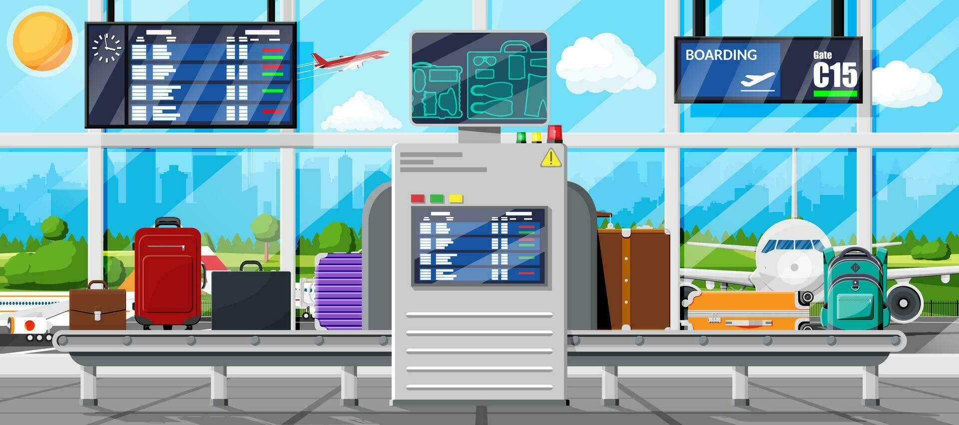 Airport Security Scanner Icon. Conveyor Belt With Passenger Luggage. Baggage Carousel Scan In Airport Interior. Package X-ray Baggage. Security, Logistic And Delivery. Cartoon Flat Vector Illustration