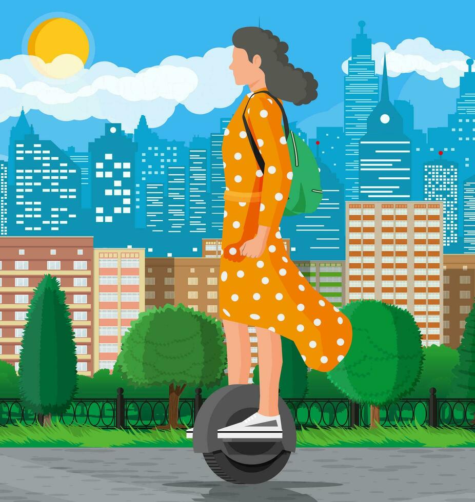 niña en monociclo rueda. mujer con mochila montando eléctrico yo equilibrio scooter. hipster personaje usos moderno urbano transporte. ecológico, conveniente ciudad transporte. plano vector ilustración