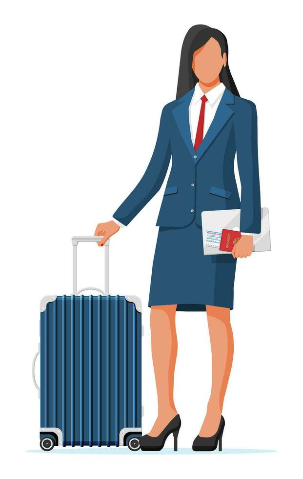 mujer con viaje bolsa. turista con maleta, pasaporte, boleto, embarque pasar en aeropuerto. mujer de negocios con equipaje aislado. negocio mujer con equipaje. negocio vuelo. plano vector ilustración