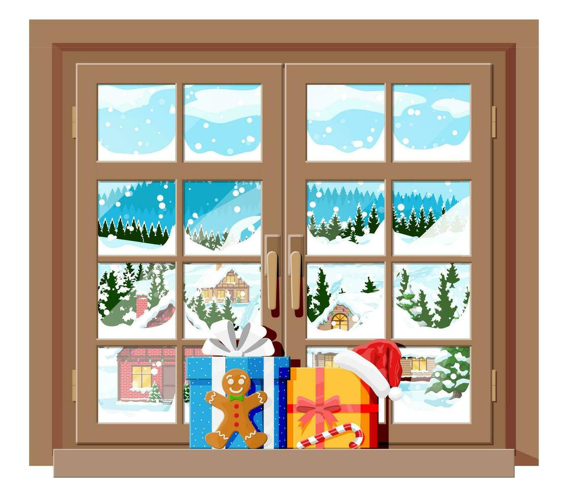 Cozy interior of room with window. Happy new year decoration. Merry christmas holiday. New year and xmas celebration. Winter landscape, tree, snow, village. Cartoon flat vector illustration.