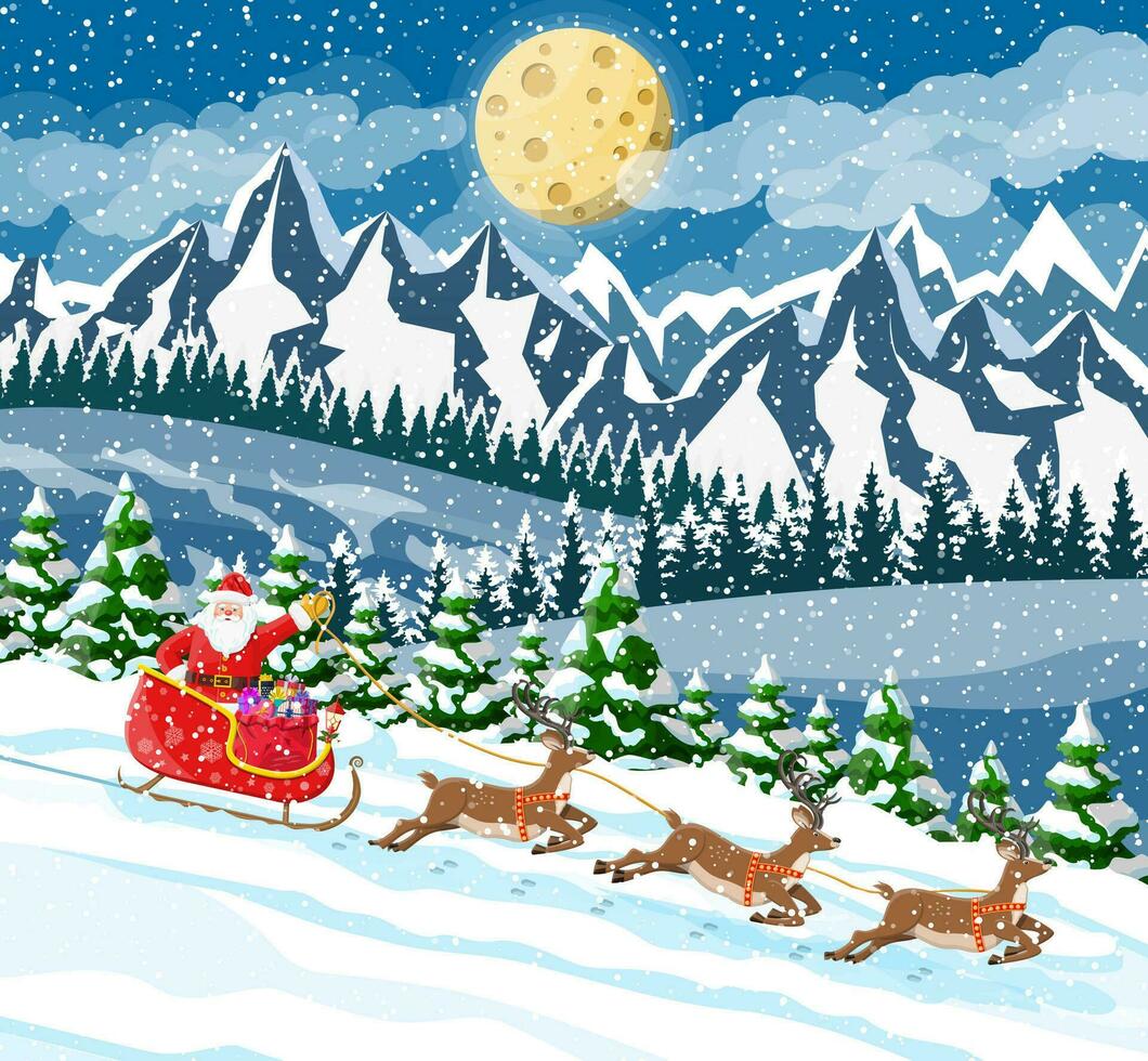 Christmas background. Santa claus rides reindeer sleigh. Winter landscape with fir trees forest mountains and snowing. Happy new year celebration. New year xmas holiday. Vector illustration flat style