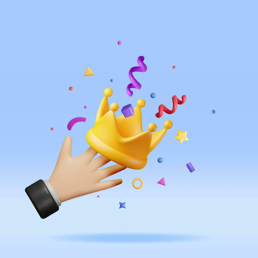 3D Gold Crown in Hand and Confetti. Render Colorful Confetti Around Crown. Symbol for VIP, Rich, Winner Luxury Premium Success. Customer Feedback, Rating or Status Signs. Realistic Vector Illustration