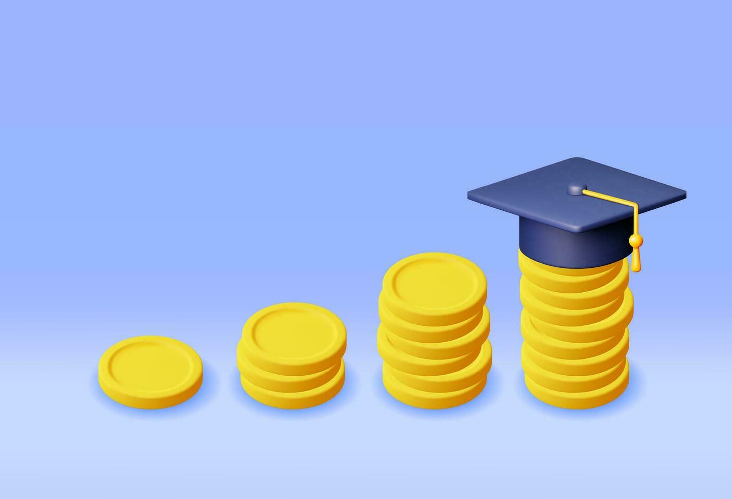 3D Graduation Cap and Gold Coin Stacks Isolated. Render Money for Education, Savings and Investment Concept. Academic and School Knowledge. Realistic Vector Illustration