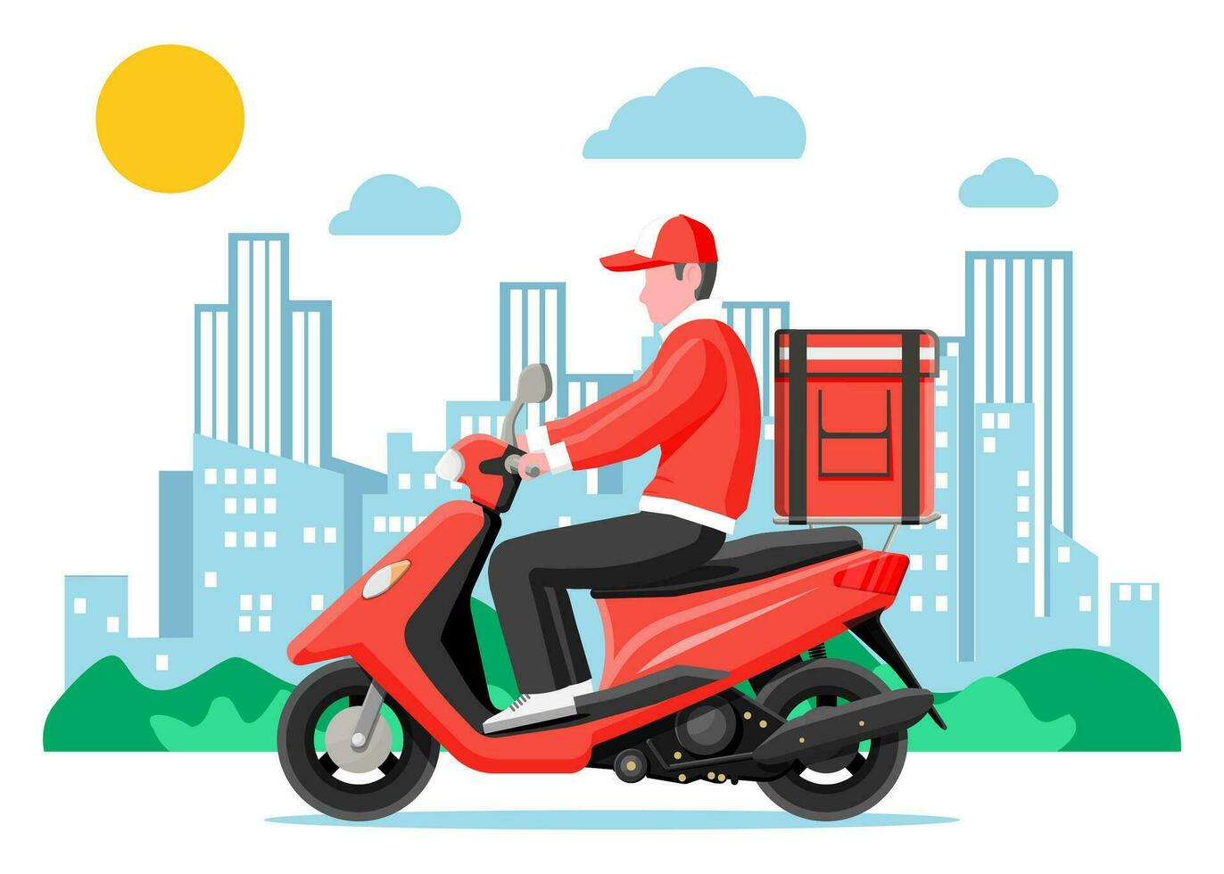 entrega hombre montando moto scooter con el caja. concepto de rápido entrega en el ciudad. masculino mensajero con paquete o empaquetar caja en su espalda con bienes, comida y productos dibujos animados plano vector ilustración