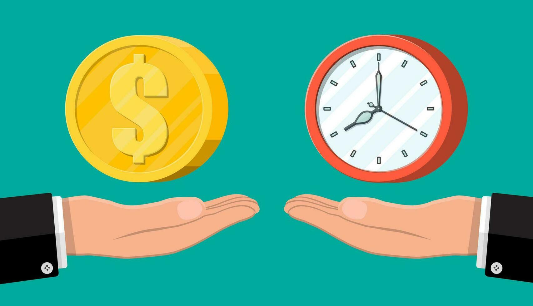 reloj y dinero en mano escamas. anual ganancia, financiero inversión, ahorros, banco depósito, futuro ingreso, dinero beneficio. hora es dinero concepto. vector ilustración en plano estilo