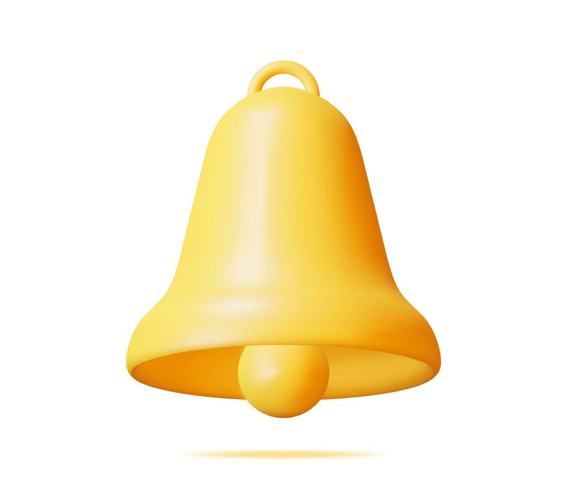 3D Notification Bell Icon Isolated. Golden Render Ringing Bell. Gold School Bell. Retro Christmas Ring Handbell. Alert and Alarm Symbol. Social Media Network Notification Reminder. Vector Illustration