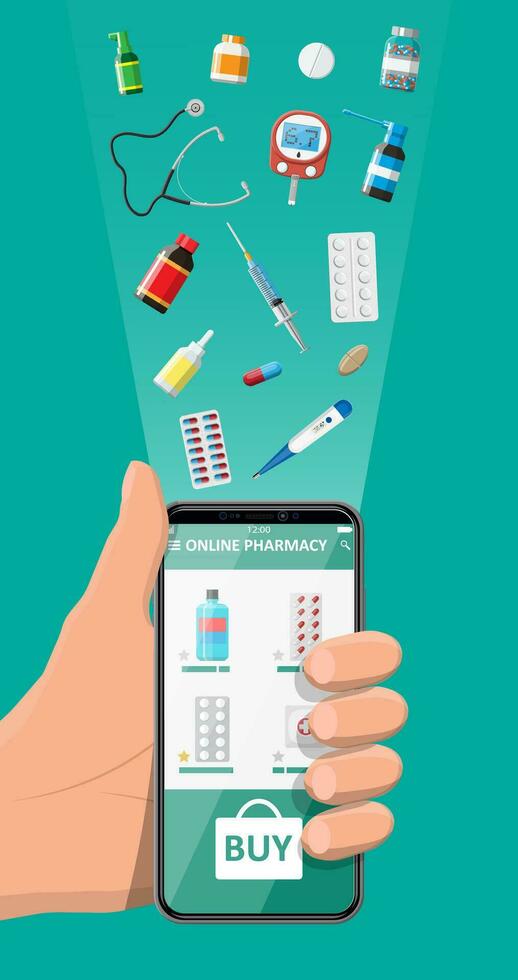 Hand holding mobile phone with internet pharmacy shopping app. Set of pills drugs. Medical assistance, help, support online. Health care application on smartphone. Vector illustration in flat style