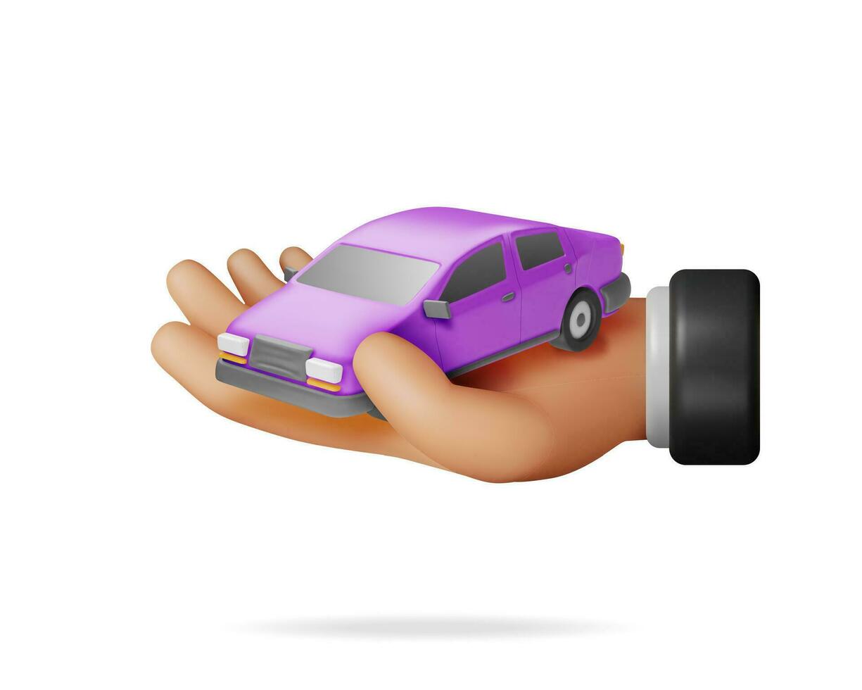 3D Car Vintage Model in Hand. Render Bright Realistic Car. Classic Sedan Motor Vehicle. Plastic Toy Auto. Advertising For Driving School Carsharing and Repair Service. Cartoon Vector Illustration