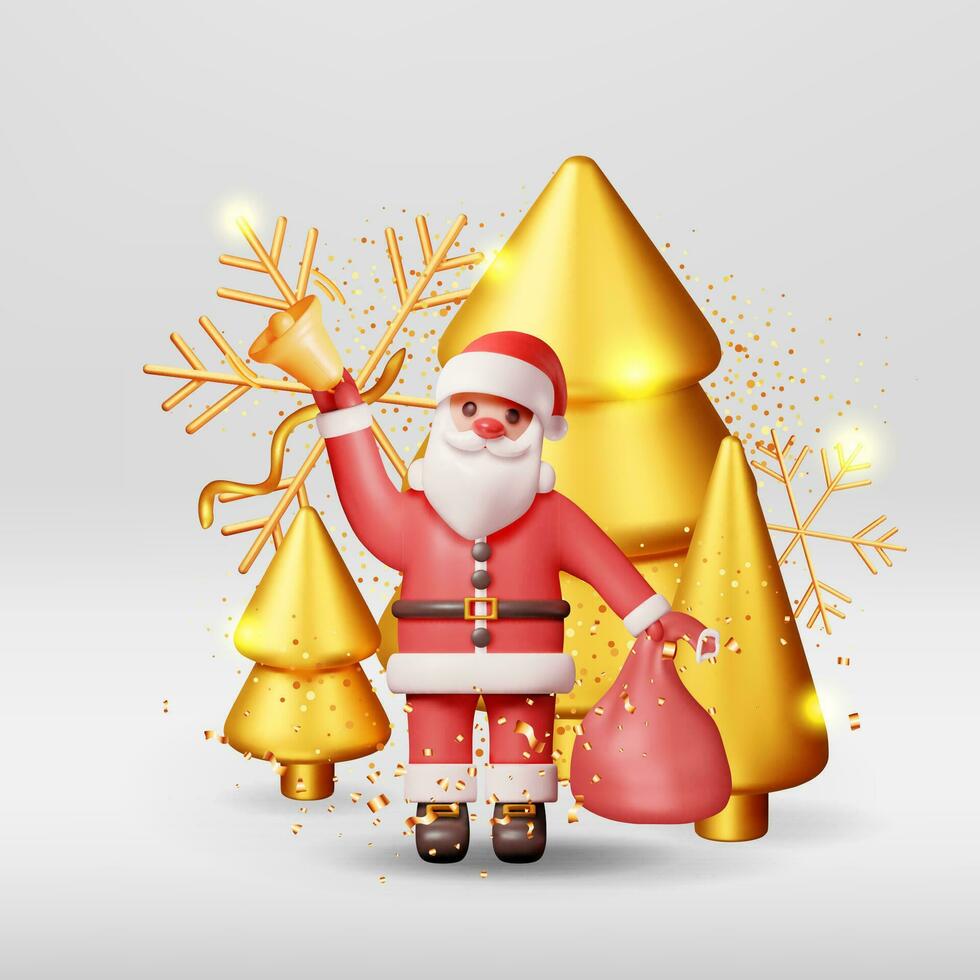 3D Santa Claus with Bell and Gold Christmas Tree. Render Happy New Year Decoration Banner. Merry Christmas Holiday. New Year and Xmas Celebration. Realistic Vector Illustration