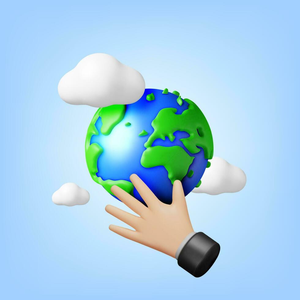 3D Human Hand Holding Green Earth Isolated. Render Save Earth Day Concept. Respect for Nature and Environment. Hands Protecting Globe. Cartography and Geography, Globe. Realistic Vector Illustration