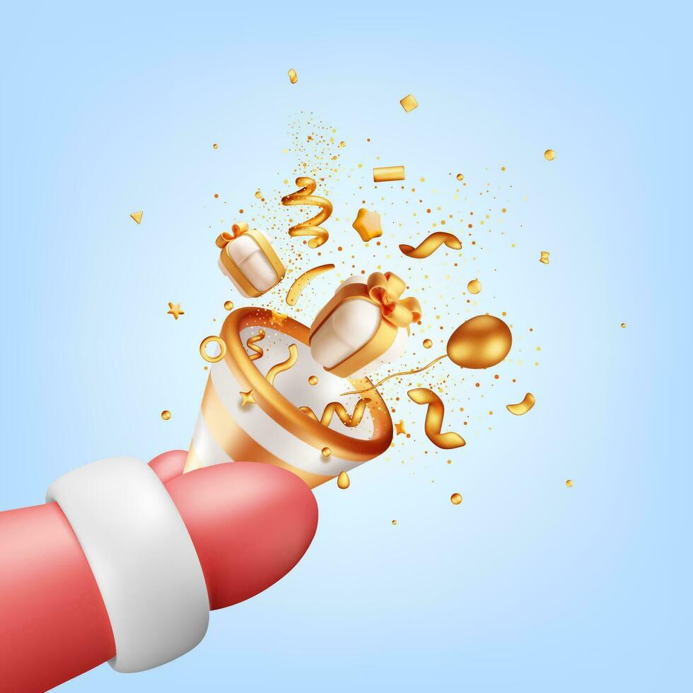 3D Party Popper with Confetti in Santa Claus Hand Isolated. Render Christmas Confetti Collection. Gold Firecracker Elements in Various Shapes. New Yeah and Christmas Events. Vector Illustration