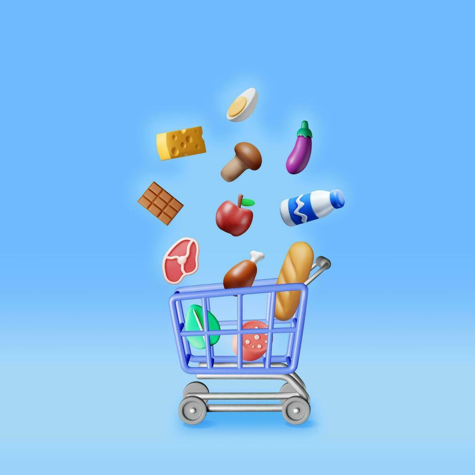 3D Shopping Cart with Fresh Products. vector