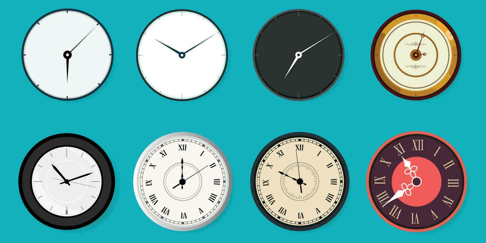 Wall clock icon collection. Closeup template design in vector. Mock-up for branding and advertising isolated on blue background. vector