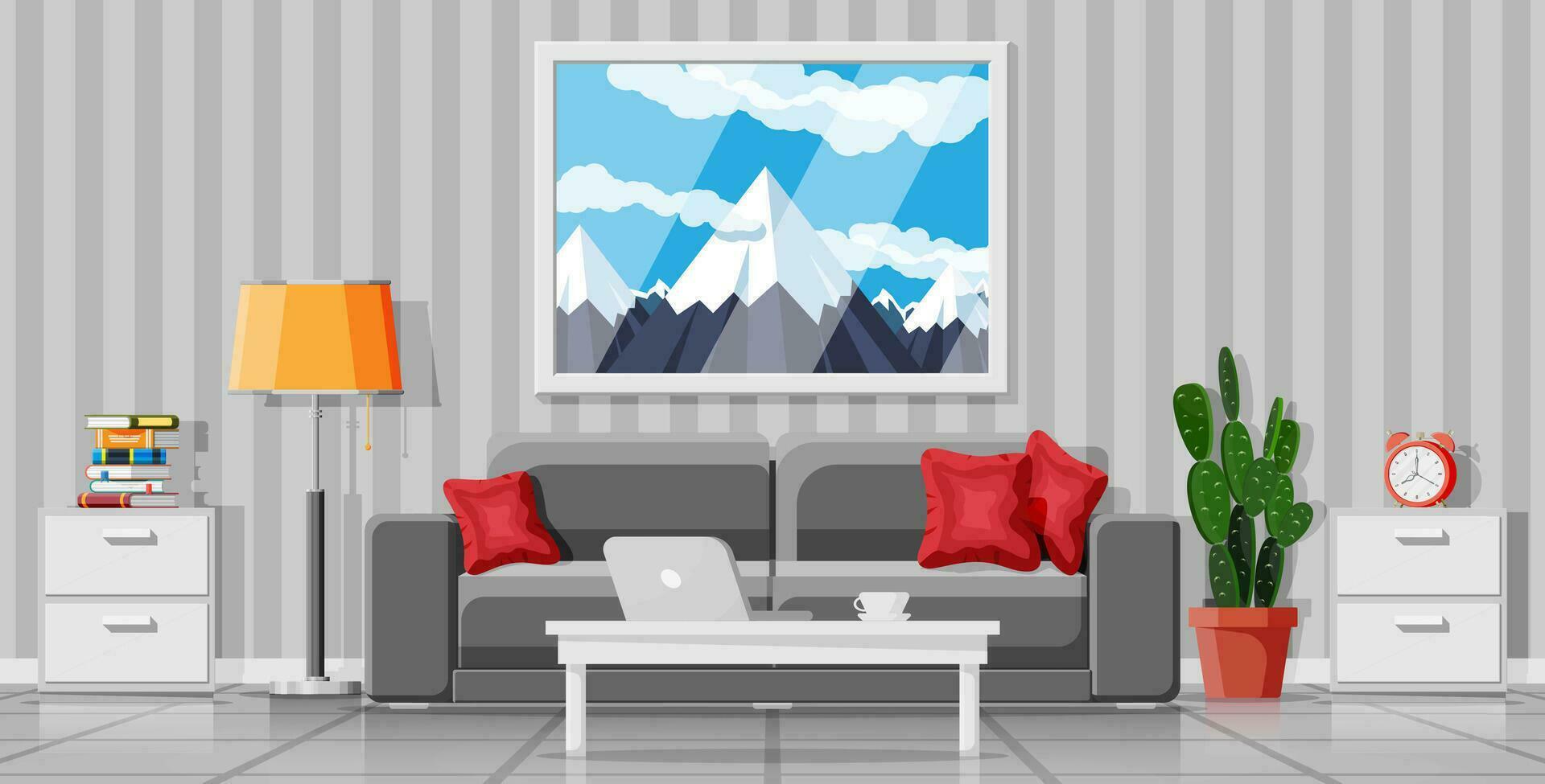 Interior of modern living room. Sofa, plant, picture of mountain, lamp, table and cabinet. Home decor. Interior for relax and work. Inside of house. Cartoon flat vector illustration