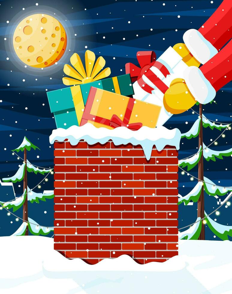 Navidad regalos caja con arco en Chimenea. fiesta regalos en techo. contento nuevo año decoración. alegre Navidad día festivo. nuevo año y Navidad celebracion. plano vector ilustración
