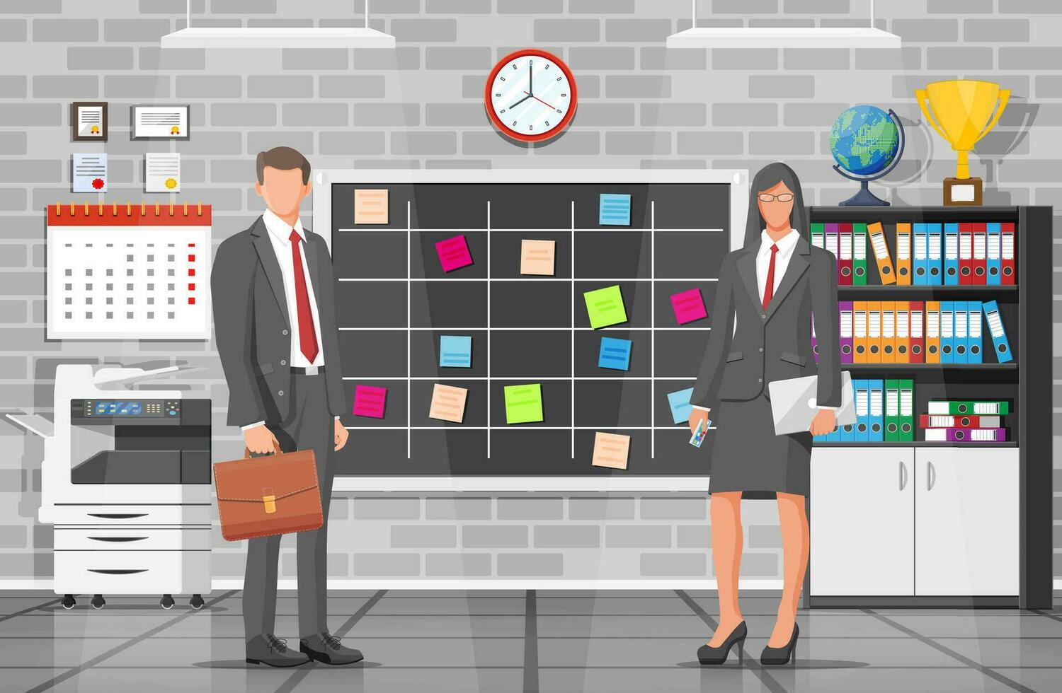 oficina interior con mujer de negocios y empresario. negocio personas a espacio de trabajo cajón, relojes, calendario, tarea junta, impresora. moderno negocio lugar de trabajo. dibujos animados plano vector ilustración