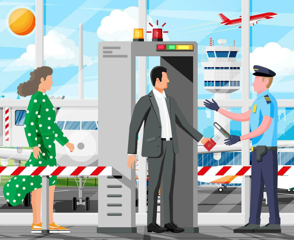 metal detector portón en aeropuerto interior. escáner puerta, hombre y policía oficial. marco detector metal. moderno metal detector equipo. aeropuerto seguridad controlar dispositivo. plano vector ilustración