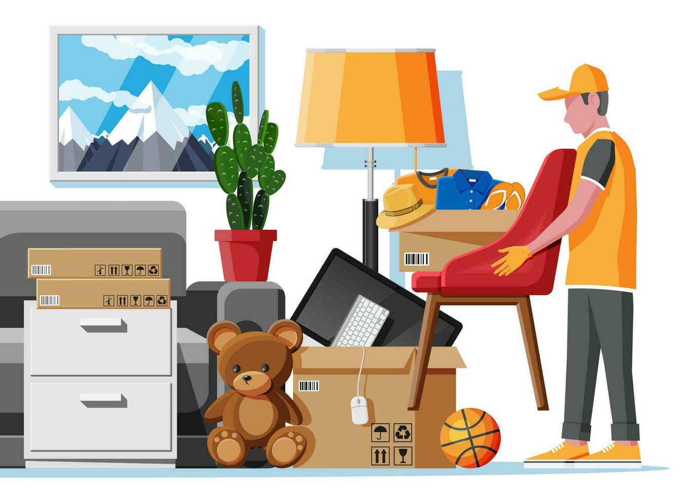 Moving to new house. Family relocated to new home. Sofa with paper cardboard boxes with various household items. Package for transportation. Computer, lamp. Vector illustration in flat style