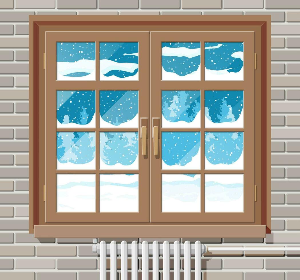 invierno ventana con ladrillo muro, ver desde el habitación. vacío umbral. calentar acogedor interior. Navidad paisaje, sierras, nieve, abeto bosque y que cae nieve. dibujos animados plano vector ilustración.