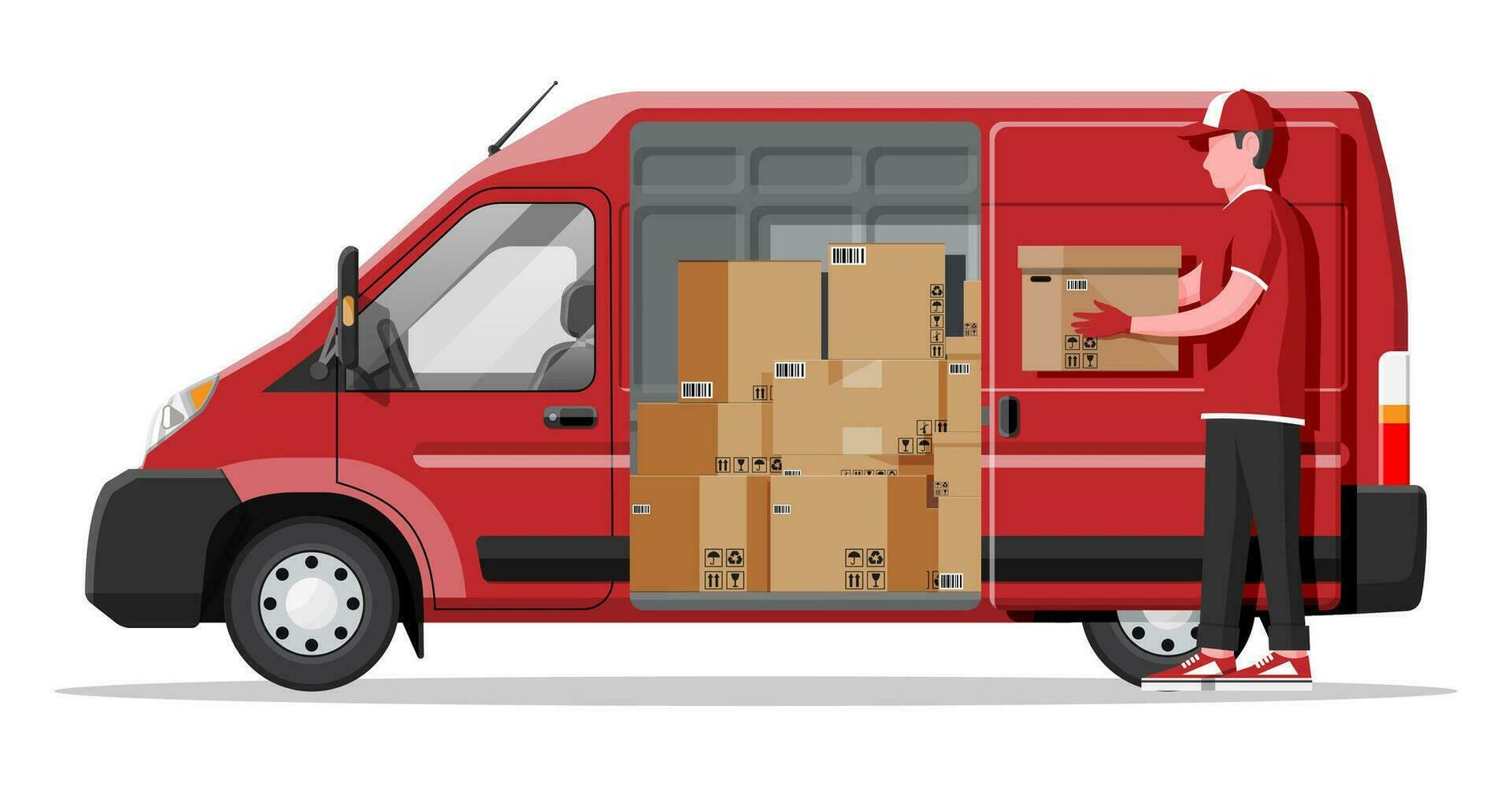 Delivery van full of cardboard boxes isolated on white. Express delivering services commercial truck. Concept of fast and free delivery by car. Cargo and logistic. Cartoon flat vector illustration