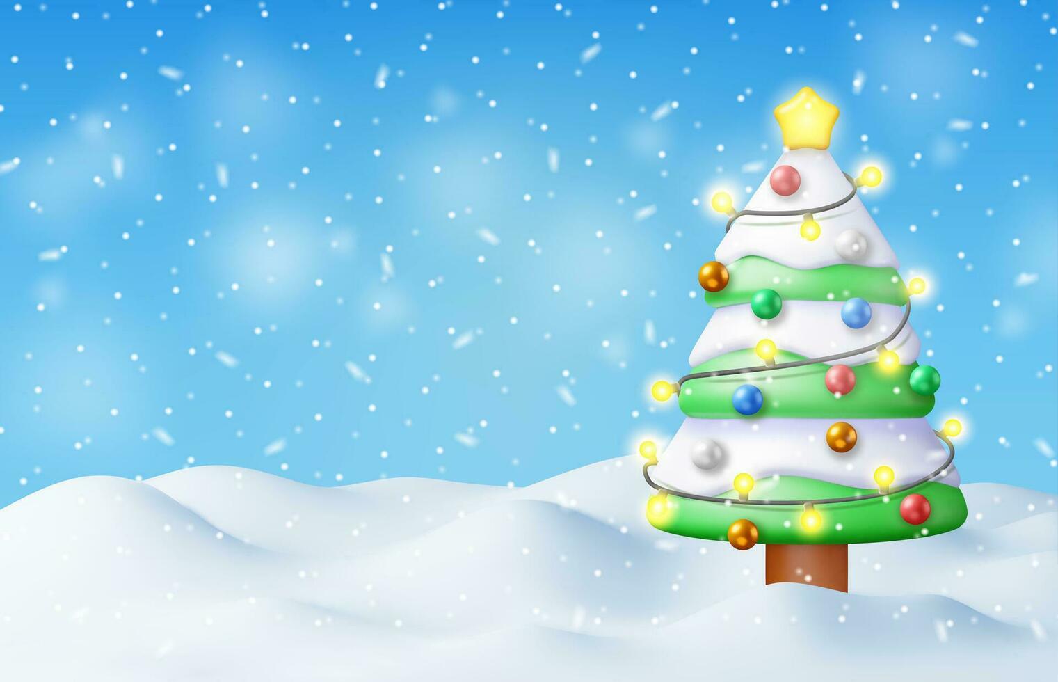 3D Christmas Background. Render Christmas Tree with Garlands and Balls. Winter Landscape with Fir Tree and Snowing. Happy New Year Celebration. New Year Xmas Holiday. Vector Illustration