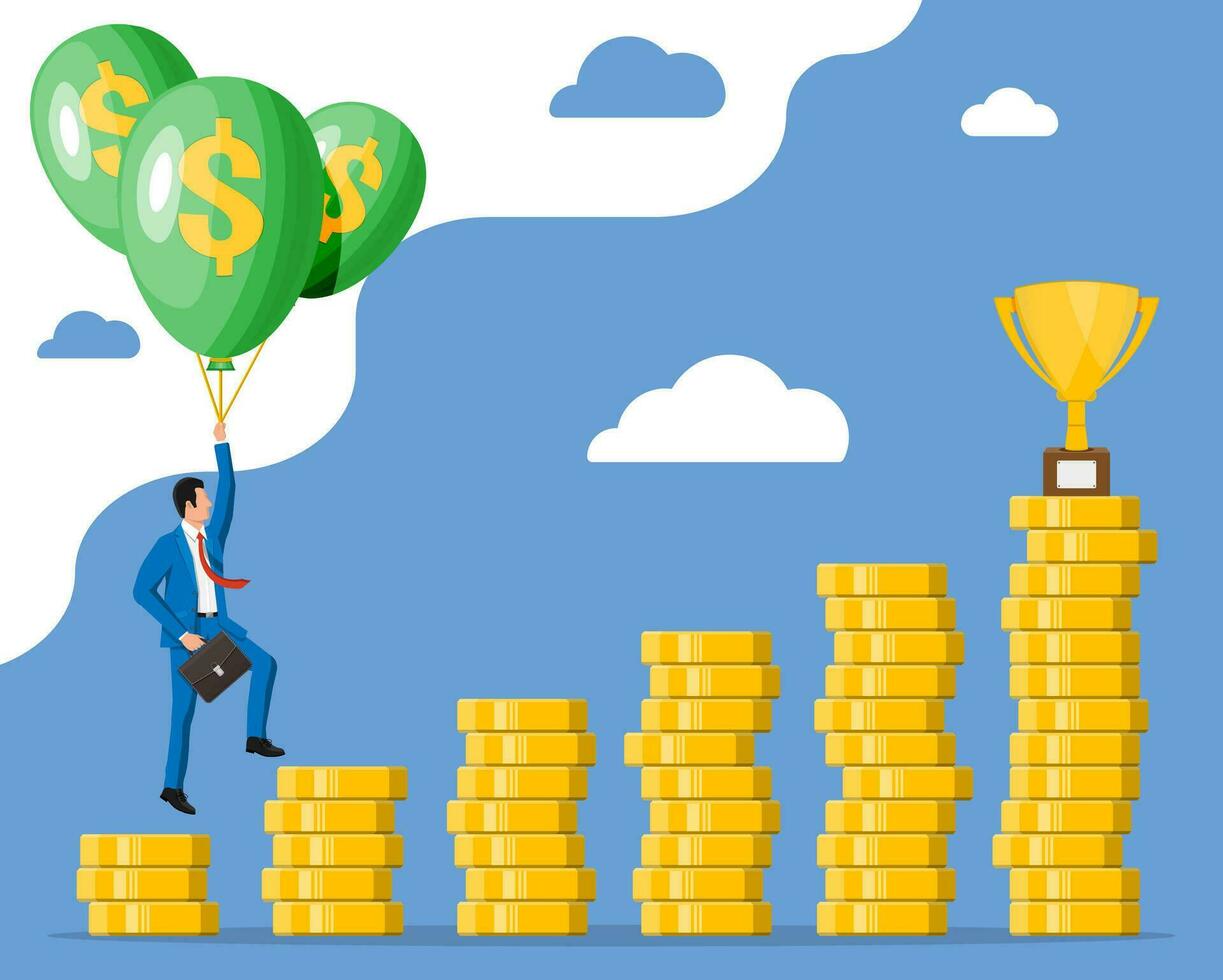 Businessman in suit flying a balloon over graph chart. Business man with briefcase and helium balloon with dollar sign. Concept of success career growth. Achievement and goal. Flat vector illustration