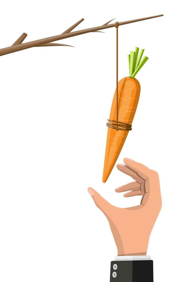 Carrot on a stick in hand. Motivation, stimulus, incentive and reaching goal concept metaphor. Fishing wooden stick with hanging carrot vector