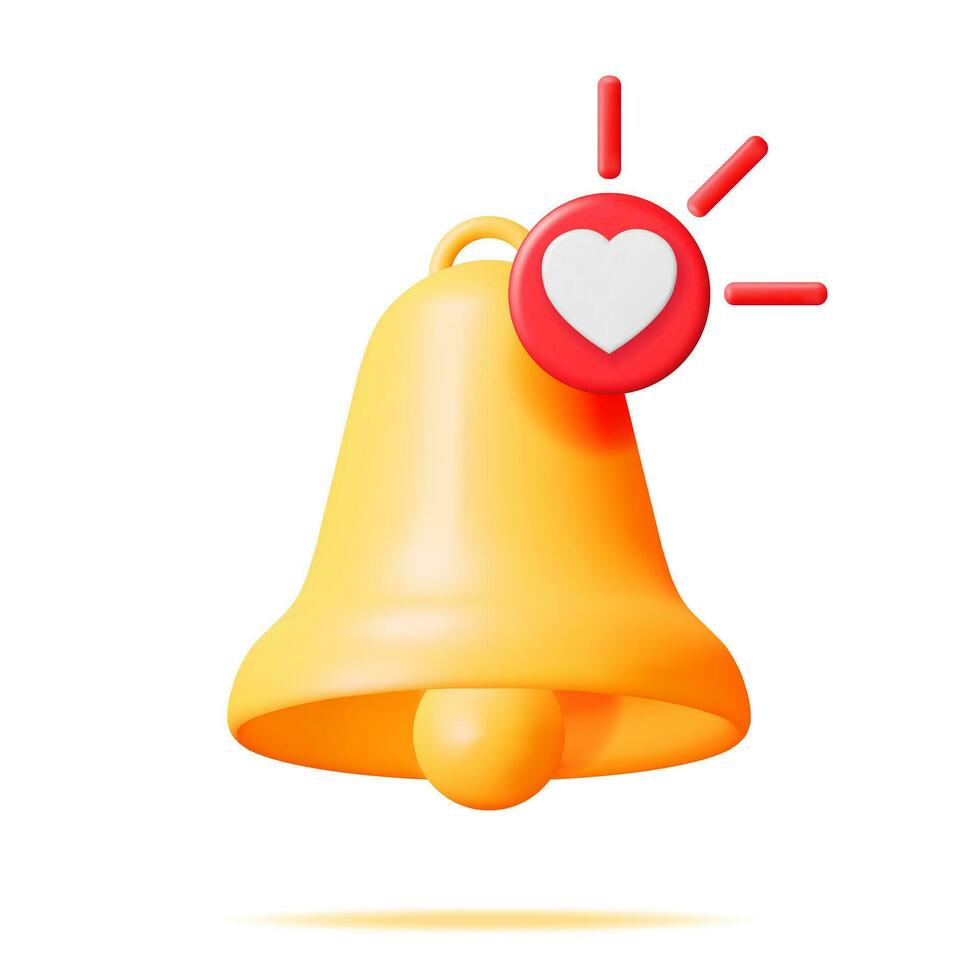 3D Notification Bell Icon Isolated. Golden Render Ringing Bell. Gold School Bell. Retro Christmas Ring Handbell. Alert and Alarm Symbol. Social Media Network Notification Reminder. Vector Illustration