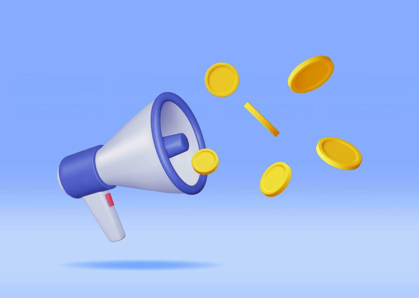 3D Megaphone with Coins Isolated on Background. Render Plastic Megaphone Realistic with Money. Modern Bullhorn or Loudspeaker. Announcement Message, Marketing, Job, Attention. Vector Illustration