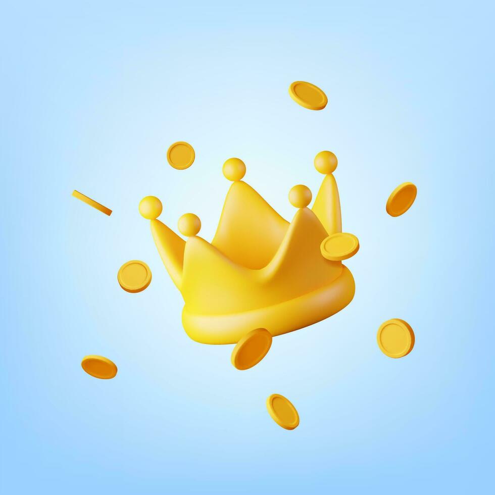 3D Dollar Coins Around Gold Crown Isolated. Render Golden Crown and Floating Money. Symbol of VIP, Rich, Winner Luxury Premium Success. Growth, Income, Savings Investment, Wealth. Vector illustration.