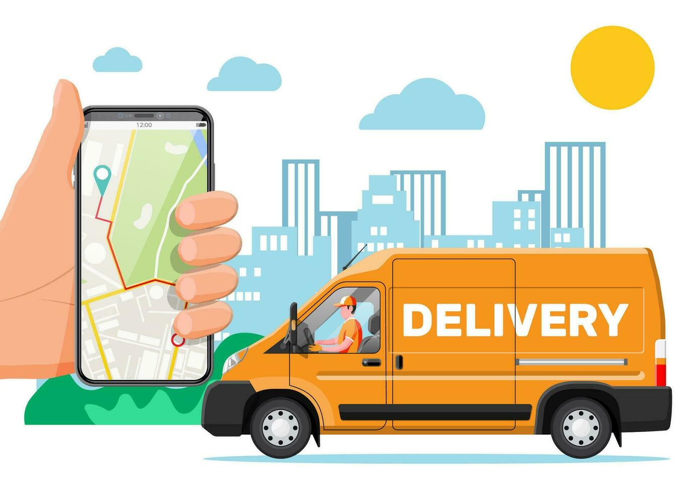 Orange delivery van and smartphone with navigation app. Express delivering services commercial truck. Concept of fast and free delivery by car. Cargo and logistic. Cartoon flat vector illustration
