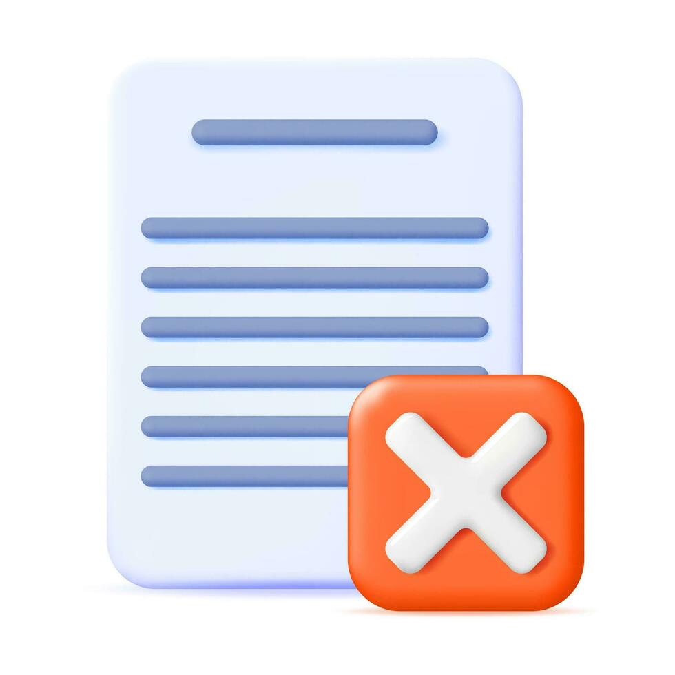 3D Paper Blank with Checklist Symbol. Paper Sheet and Red Check Mark Icon. Checkmark Tick Reject. Wrong Choice. Cancel, Error, Stop, Disapprove Symbol. Vector Illustration